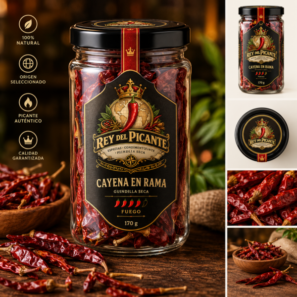 Bote de Cayena en Rama de Rey del Picante, 170 g, con etiqueta de marca